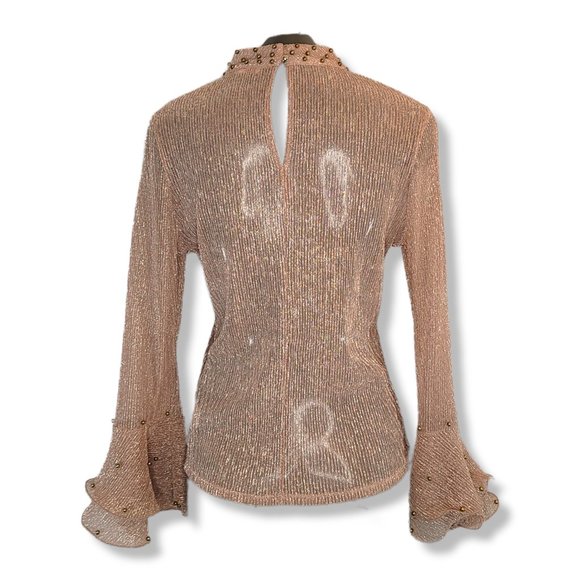 Pastel Women's Beige Bell Sleeve Mock Neck Sheer See Through Top Size Large - Picture 2 of 4